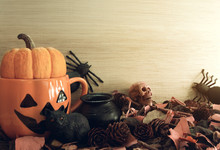 Vintage Halloween Group On Wood Background