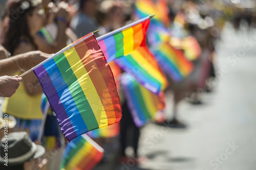 Fotografie, Obraz GayPride spectators carrying Rainbow gay flags during Montreal Pride Parade