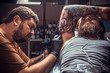 © Mr. Prof - Professional tattoo artist showing process of making a tattoo in tattoo studio