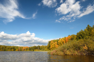 Sticker - Landscape colorful autumn forest lake river sky clouds