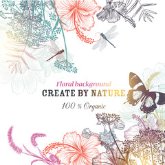Poster - Floral vector background with engraved flowers hibiscus, dragonf