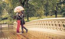 Couple Sharing Romantic Emotions In A Rainy Day In Central Park, New York