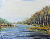 River in autumn forest, oil painting