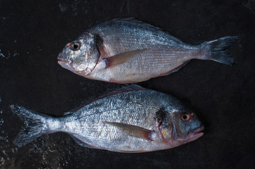 Two raw dorados on the dark stone table