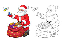 Coloring Book Or Page. Santa Claus With Christmas Gifts.