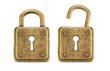 Old, vintage padlocks ( locked and unlocked  )isolated on white background