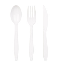 White Plastic Spoon, Fork And Knife Isolated On White Background
