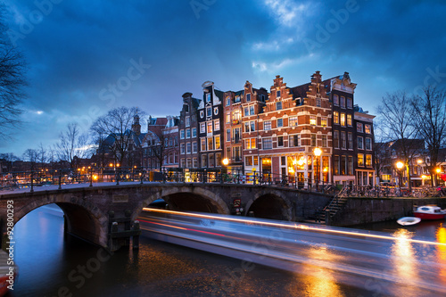 Beautiful view on the Brouwersgracht in Amsterdam, the Netherlands, with a passi Canvas Print