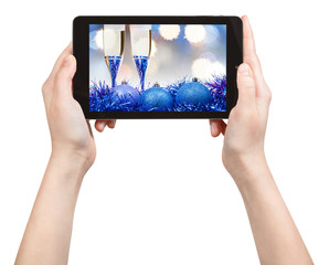 Wall Mural - take picture of blue Xmas still life with tablet