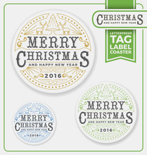 Merry Christmas Tags, Label, Coaster Letterpress Design. Letterpress Frame Design. Christmas Tree And Two Reindeer. Expand And Un-expand Line Vector Illustration