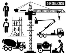 Construction Scaffolding Tower Crane Mixer Truck Sky Lift Heavy Industry Pictogram