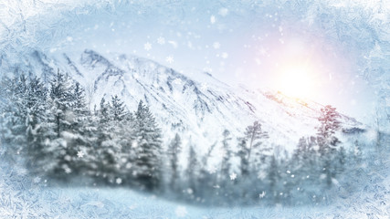 Wall Mural - wintry scene through frozen window