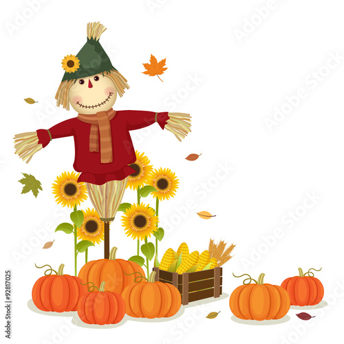 Fotomural Autumn harvesting with cute scarecrow and pumpkins