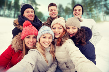 Wall Mural - group of smiling friends taking selfie outdoors