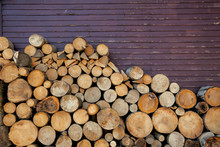 Background Of Wood Logs And Old Wall, With Copy Space For Text