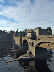 Fototapete - Illustration of an old European Medieval bridge with gatehouse and half-timbered buildings, leading across a quiet river to the old town and castle, 3d digitally rendered illustration