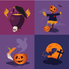 Sticker - Halloween Pumpkin, Cauldron and Scarecrow Vector Illustration