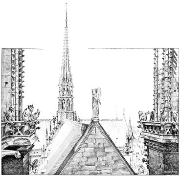 The area lead Notre Dame, vintage engraving.