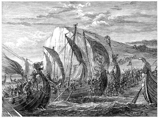 Poster - Viking landing, vintage engraving.