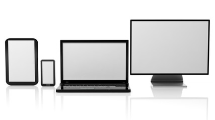 Wall Mural - Tablet, laptop, monitor and smartphone templates with black screens, isolated on white background.