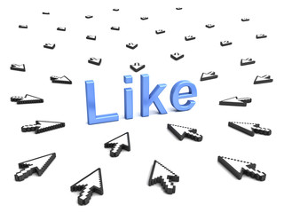 Poster - Like concept many arrow cursors mouse clicking like button or link on white background with reflection