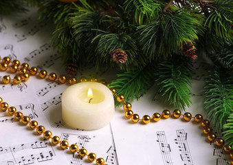 Wall Mural - Music notes with Christmas decoration close up