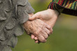Holding hands together - old and young, close-up outdoors.