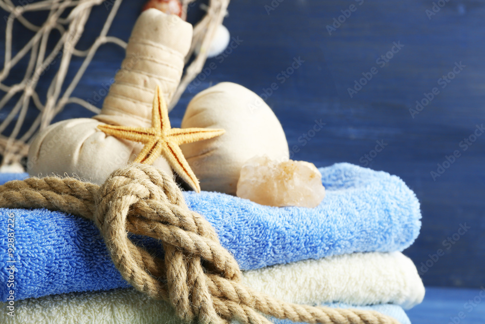 Spa treatments on blue background. Sea spa concept