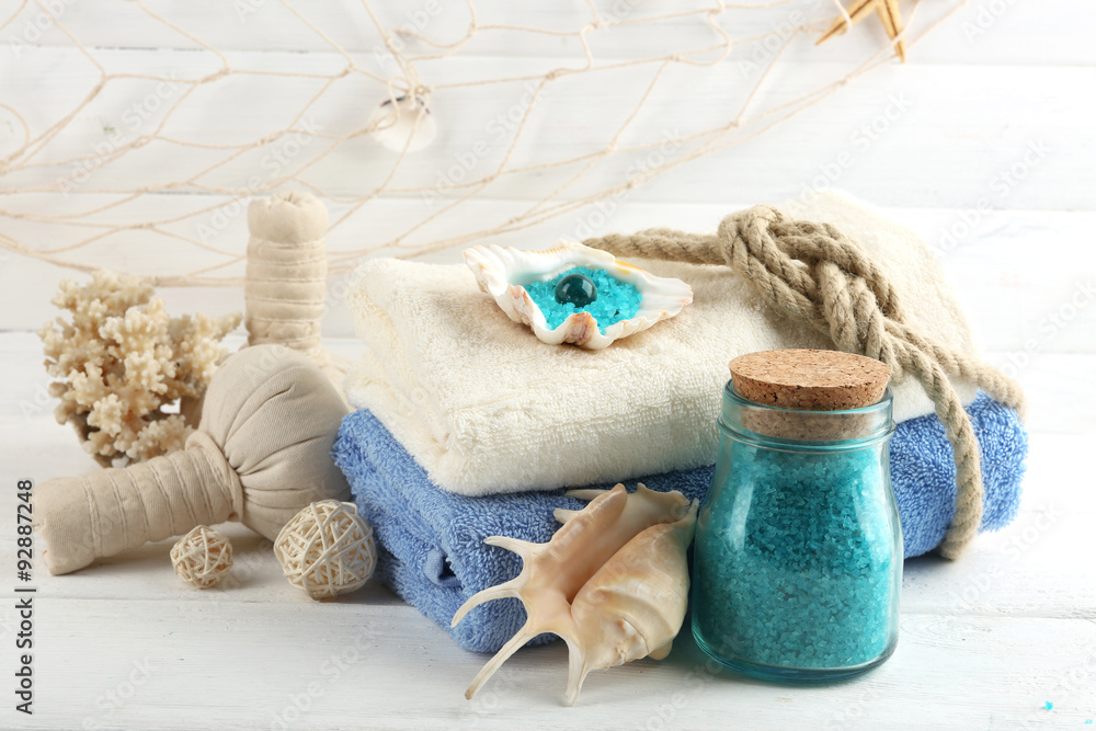 Spa treatments on light background. Sea spa concept