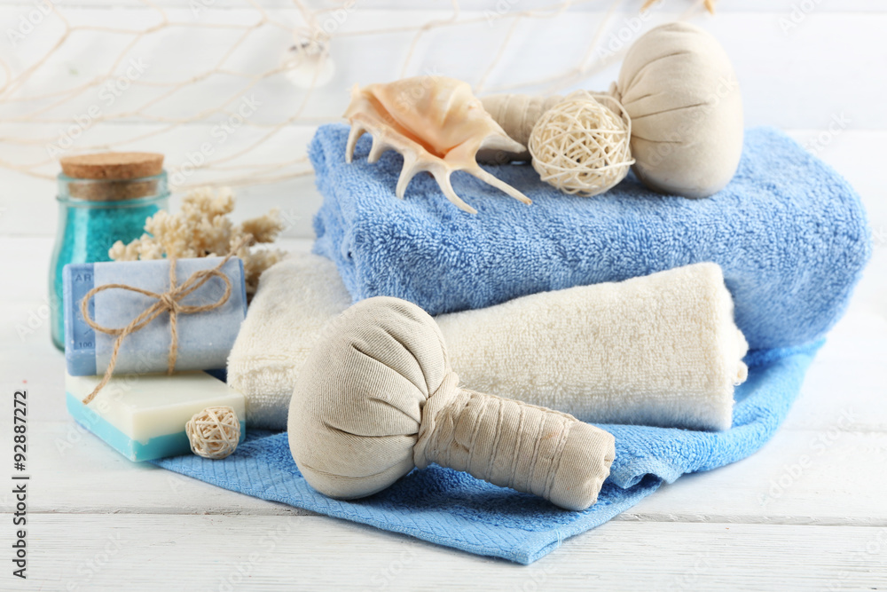 Spa treatments on light background. Sea spa concept