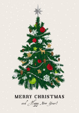 Christmas Tree. Vector Vintage Illustration. Merry Christmas And Happy New Year. Greeting Card. Green And Red.