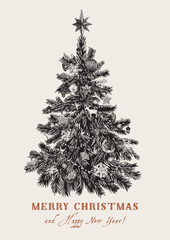 Wall Mural - Christmas tree. Vector vintage illustration. Black and white. Merry Christmas And Happy New Year. Greeting card.