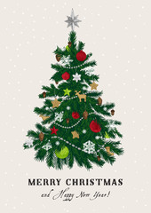 christmas tree. vector vintage illustration. merry christmas and happy new year. greeting card. gree