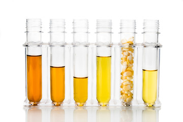 Corn generated ethanol biofuel with test tubes on white backgroud