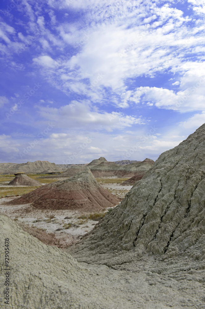 Badlands landscape, formed by deposition and erosion by wind and water ...