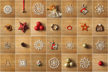 Christmas Tree Decorations Collage On A Wooden Background.