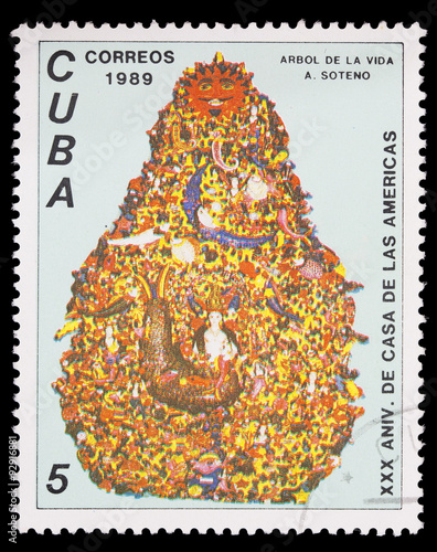 Poster Postage stamp printed in Cuba shows the tree of life for the anniversary of Hous