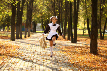 Wall Mural - Happy little schoolgirl go home from school