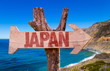 Japan wooden sign with coast background