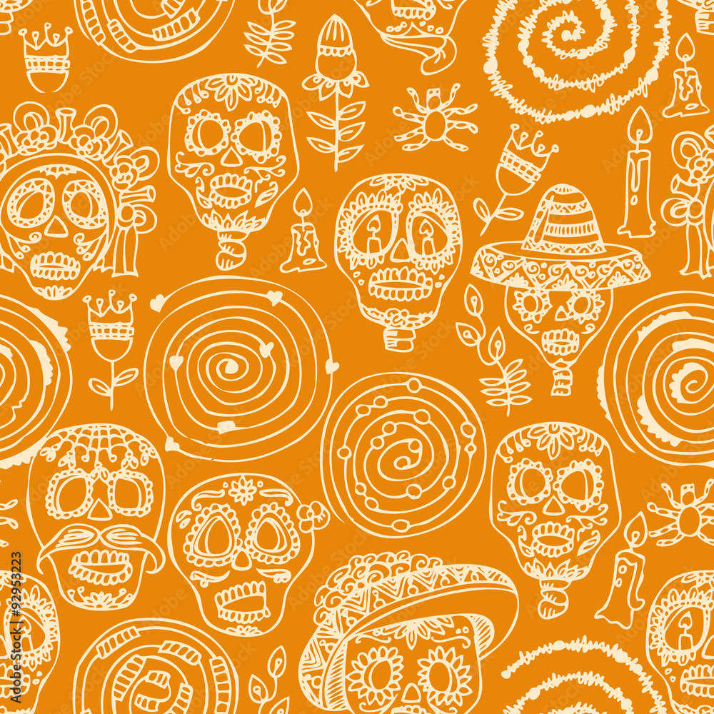 Day of the dead skull. Seamless pattern. Dia de los muertos Text in Spanish. - obrazy, fototapety, plakaty 