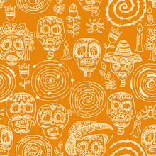 Day Of The Dead Skull. Seamless Pattern. Dia De Los Muertos Text In Spanish.