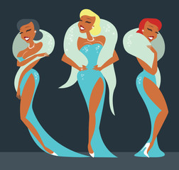 Wall Mural - Three shining beautiful burlesque stars in evening dresses 