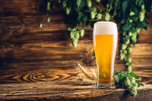 Glass Of Beer On Old Wooden Table And Wooden Background