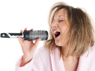 Poster - Woman singing with hairbrush