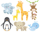 Fototapeta Fototapety na ścianę do pokoju dziecięcego - Vector illustration of animal and baby including koalas, penguins, giraffes, monkeys, elephants, whales.