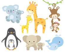 Vector Illustration Of Animal And Baby Including Koalas, Penguins, Giraffes, Monkeys, Elephants, Whales.