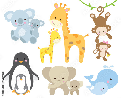 Fototapeta na wymiar Vector illustration of animal and baby including koalas, penguins, giraffes, monkeys, elephants, whales.