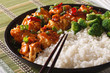 Asian Chicken tso with rice and broccoli close-up. Horizontal
