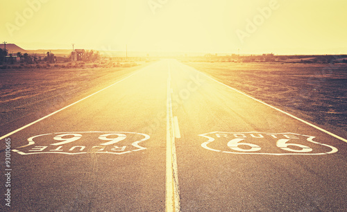 Retro old film style sunset over Route 66, California, USA. Canvas Print