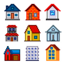 Pixel Houses For Games Icons Vector Set